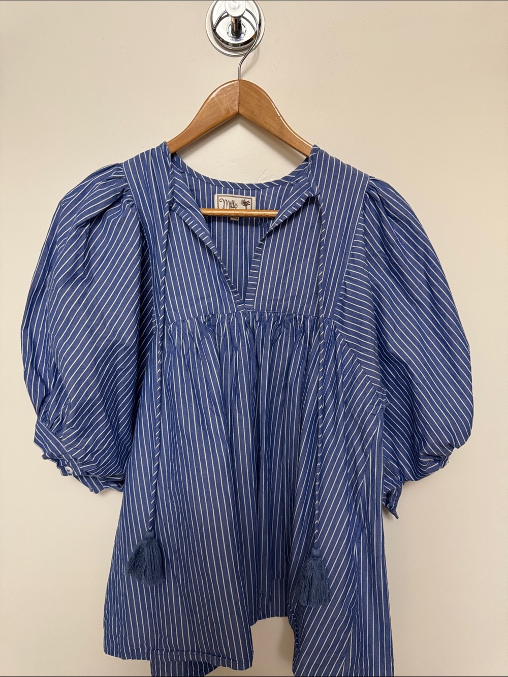 Mille Blue Pinstriped Puff-Sleeve Tunic with Tassel Ties